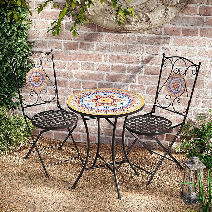 Dorin Patio Ceramic Tile and Iron Frame Bistro Set